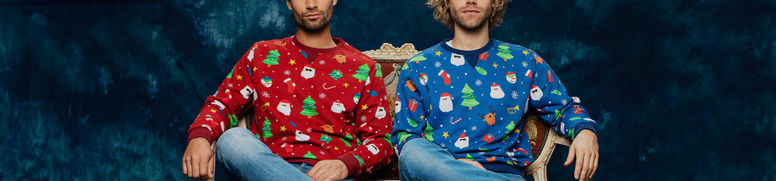 Two men on sofa wearing Ugly Men's Christmas Sweater
