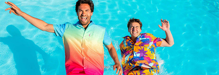 Two mannequins dressed in lightweight summer outfits, featuring bright colors and breathable fabrics, displayed against a sunny outdoor backdrop.