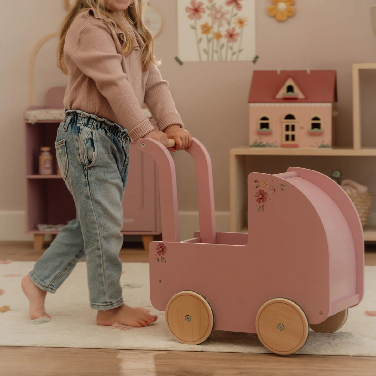 Houten poppenwagen - Roze