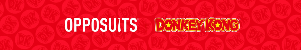 A red promotional banner featuring the text 'OPPOSUITS | DONKEY KONG' in white and yellow lettering, with a repeating embossed donkey head pattern across the background.