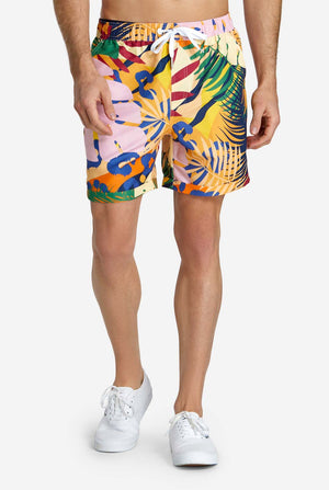 Men wearing tropical summer set, consisting of short and button up shirt