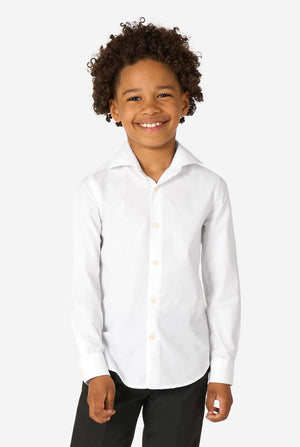 Little kid wearing a white shirt and black pants.