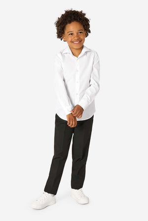Little kid wearing a white shirt and black pants. Full body image.