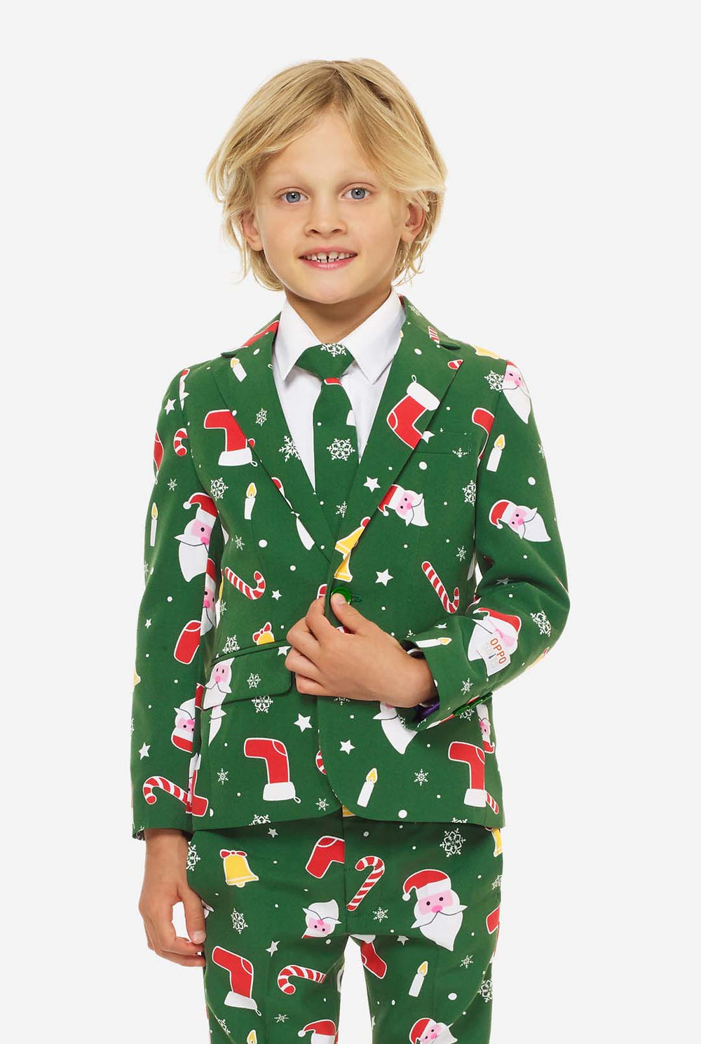 Green Christmas suit for boys with Christmas cartoon icons worn by boy