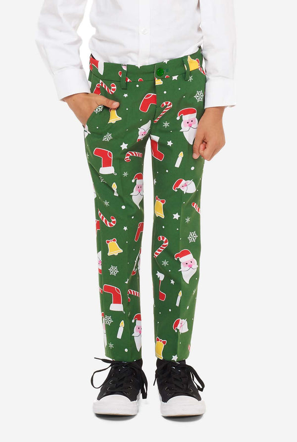 Green Christmas suit for boys with Christmas cartoon icons worn by boy