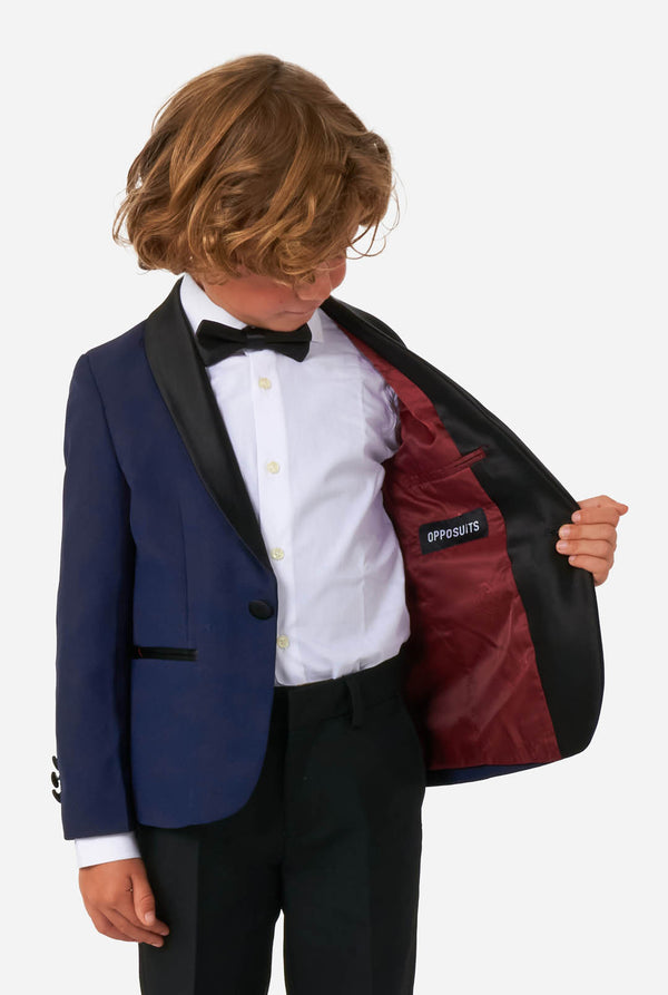 Kid wearing blue and black tuxedo