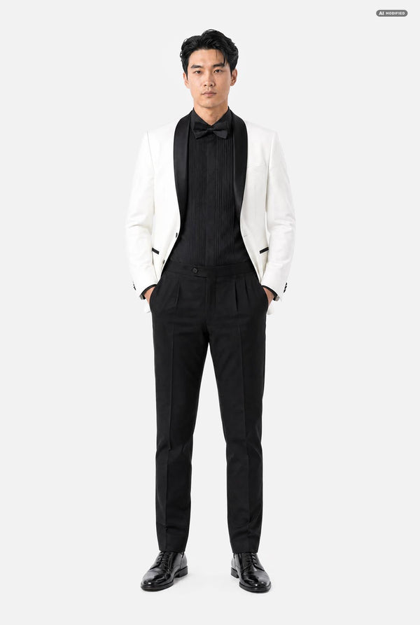 A man modeling a formal black and white tuxedo outfit, featuring a white blazer jacket with black lapels, a black pleated tuxedo shirt, a black bow tie, and black trousers, set against a plain light gray background.