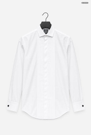A white long-sleeve tuxedo shirt with vertical pleats down the front, displayed on a black hanger against a light gray background.
