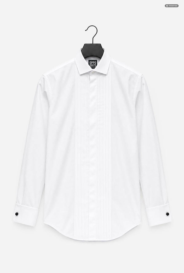 A white long-sleeve tuxedo shirt with vertical pleats down the front, displayed on a black hanger against a light gray background.