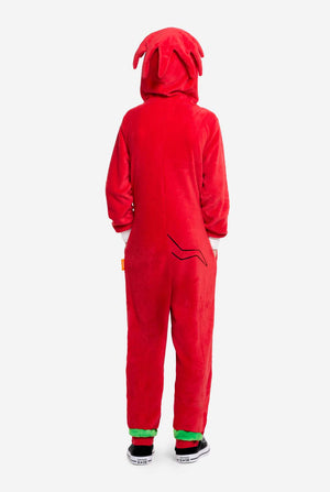 Red Knuckles onesie with animal ears on a white background. View from the back