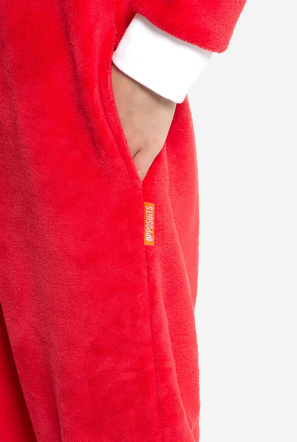 Red Knuckles onesie with a brand logo on a white background