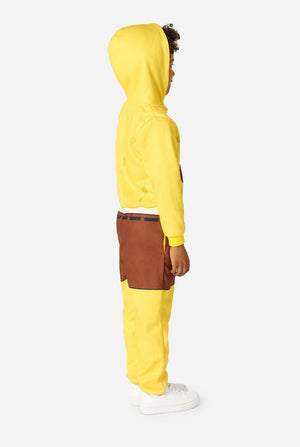 Person wearing a yellow Spongebob onesie and brown pants on a white background