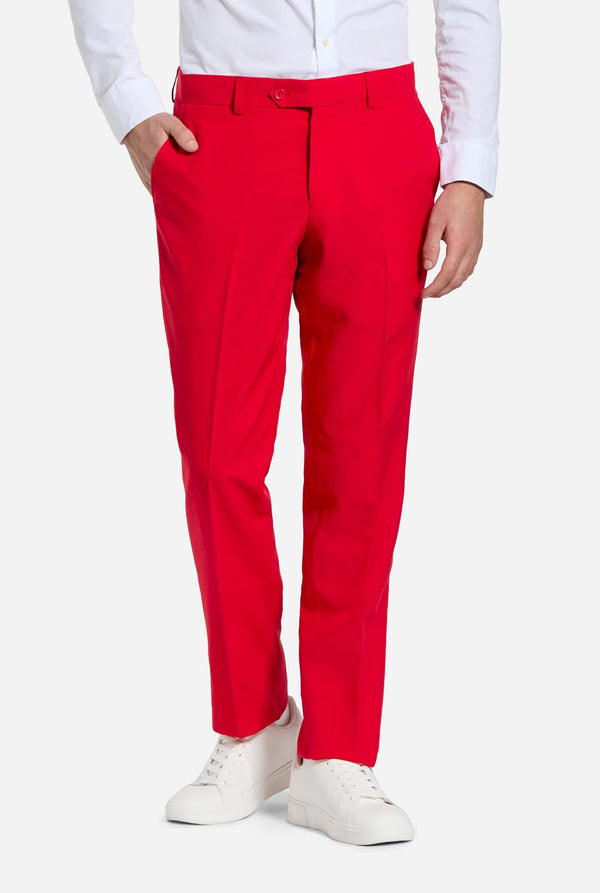 Man wearing red and blue USA themed suit for 4th of July, pants view