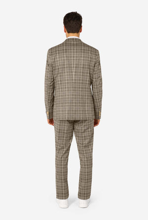 Man wearing a gray checkered suit on a white background