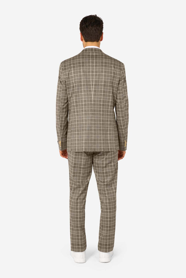 Man wearing a gray checkered suit on a white background