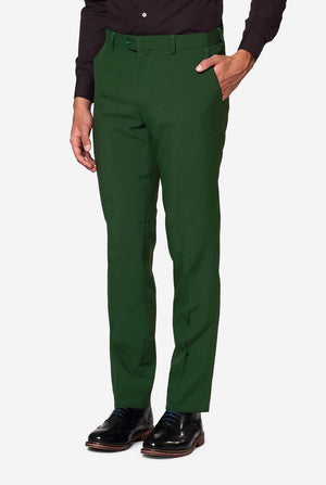 Close-up of green suit pants from OppoSuits with classic black shirt and dress shoes — fashionable slim fit trousers for men.