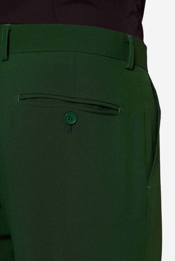 Rear pocket detail of OppoSuits Glorious Green men’s suit pants with button closure — sleek and professional formal wear.