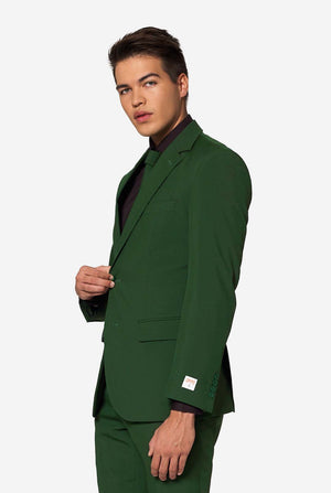 Profile view of man buttoning OppoSuits Glorious Green blazer with visible OPPO label — bold and stylish green suit for men.