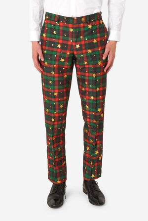 Plaid pants with star patterns worn by a person on a white background