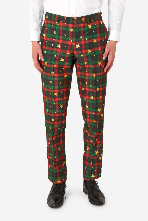 Plaid pants with star patterns worn by a person on a white background