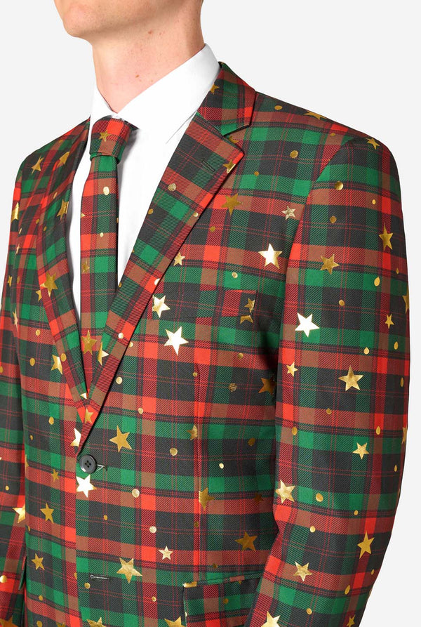 Green and red plaid suit jacket with star patterns on a white background