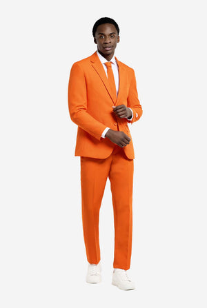 Man wearing an orange suit with a white shirt on a white background