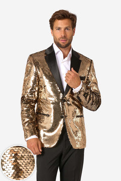 Man wearing a gold sequin blazer with a close-up of the sequins on a white background