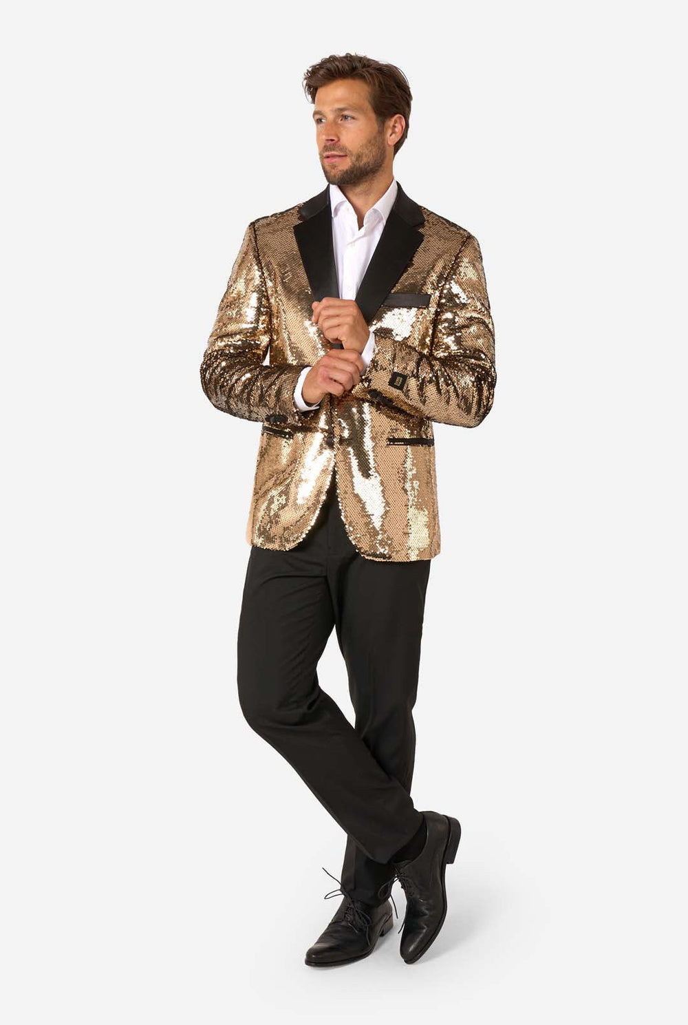 Man wearing a gold sequin blazer with a close-up of the sequins on a white background