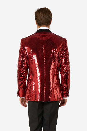 Red sequin jacket worn by a person on a white background