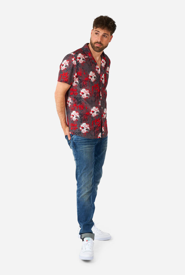 Man wearing Halloween Shirt with Friday the 13th Print