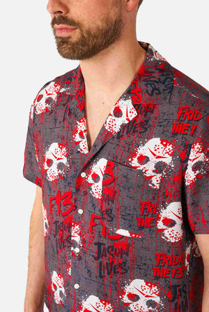 Man wearing Halloween Shirt with Friday the 13th Print, close up