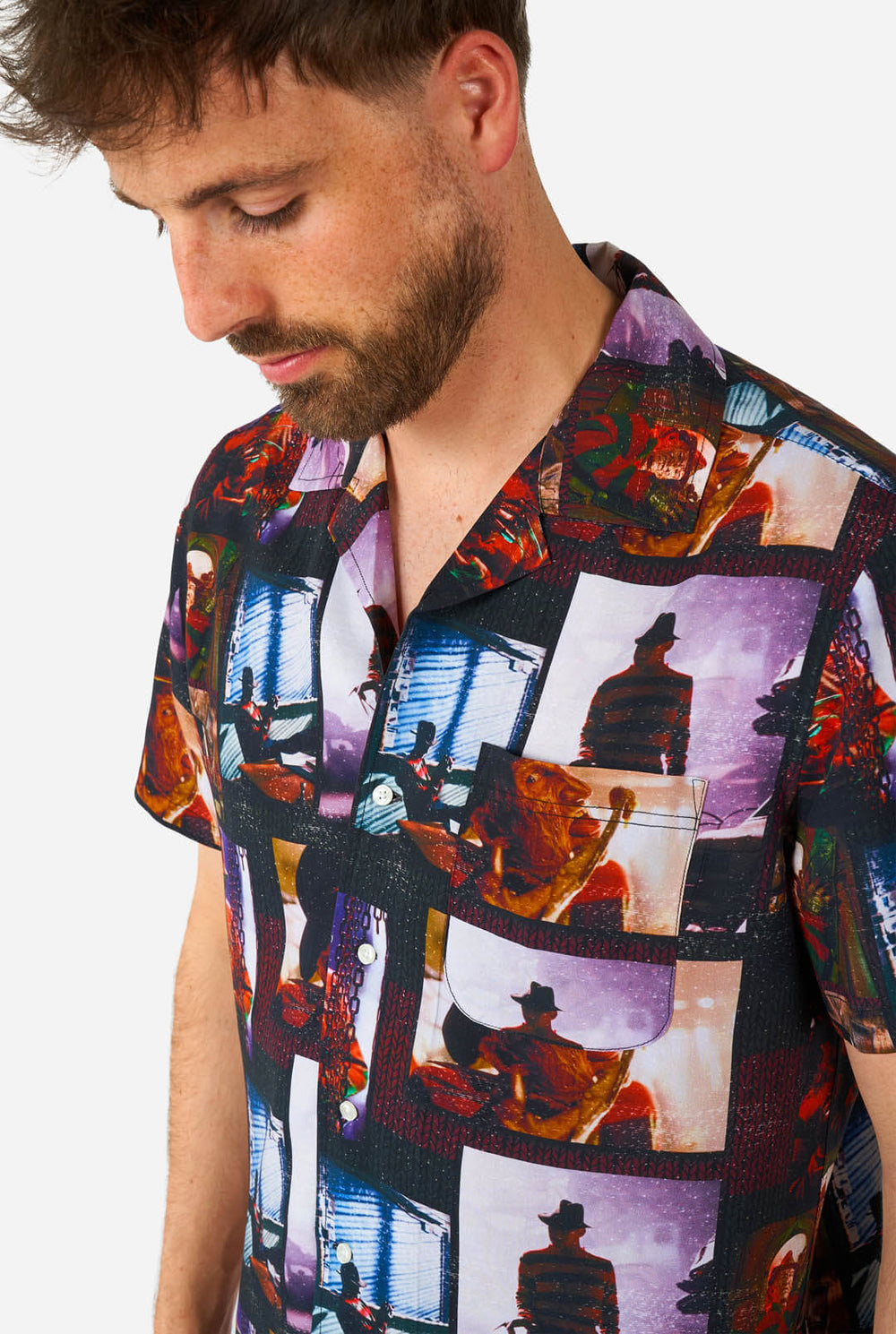 Man wearing Hawaiian Halloween Shirt with NIghtmare on Elmstreet print
