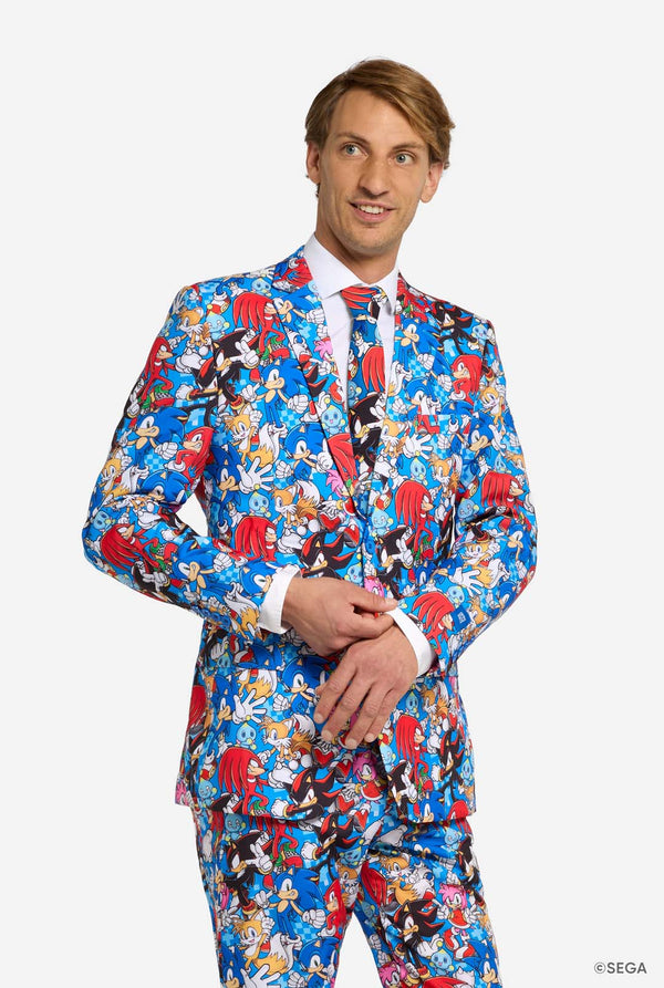 Man wearing a colorful Sonic-themed suit on a white background