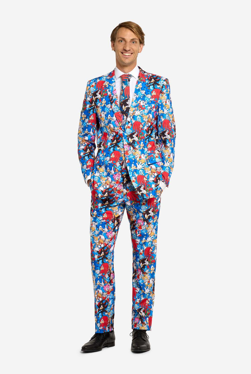 Man wearing a colorful Sonic-themed suit on a white background
