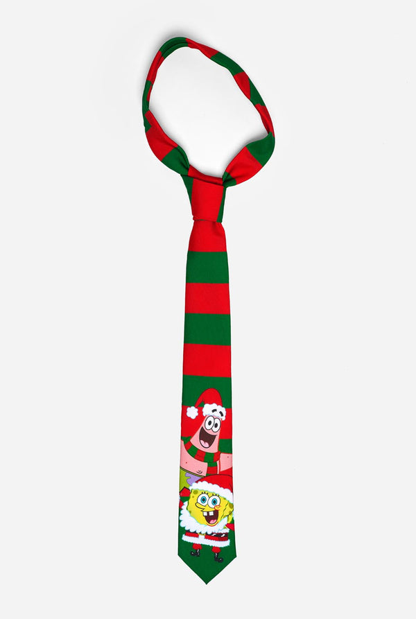 Green and red striped Christmas tie with Spongebob and Patrick print