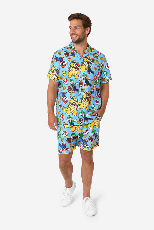 Man wearing a colorful Mario-themed summer set on a white background. Full body image