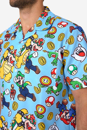 Shirt with colorful Mario character pattern on a blue background