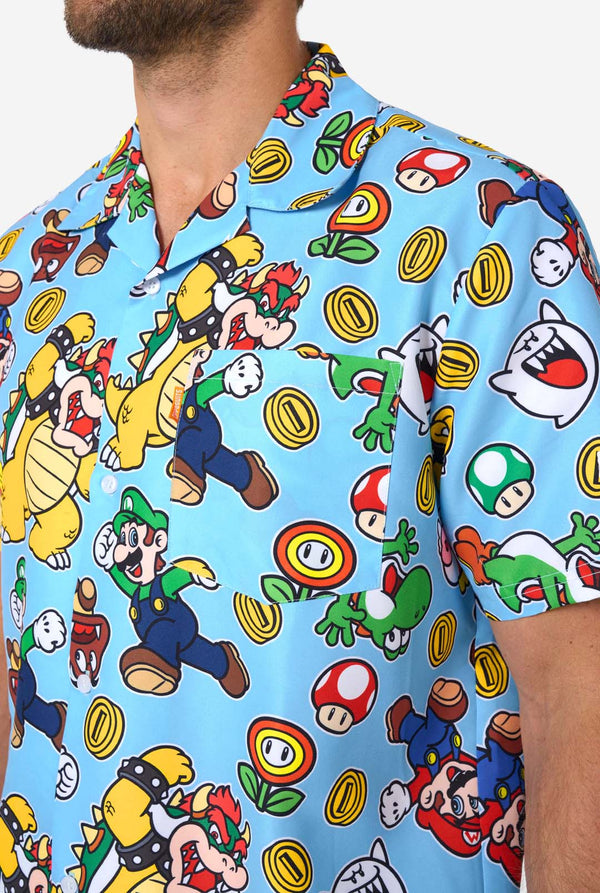 Shirt with colorful Mario character pattern on a blue background