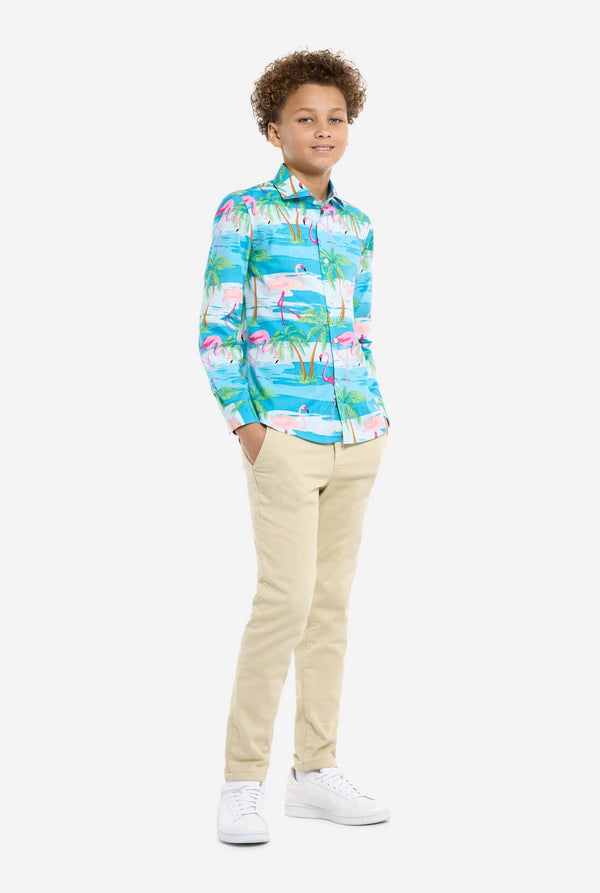 Child wearing a colorful shirt with a flamingo pattern on a white background, full body image