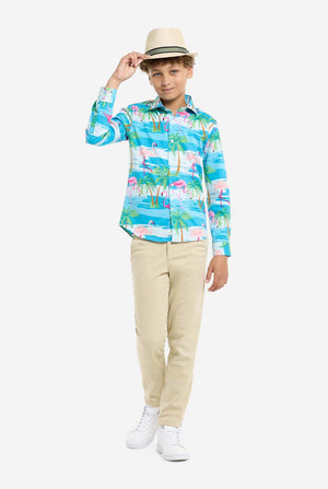 Child wearing a colorful shirt with a flamingo design, beige pants, and a straw hat on a white background
