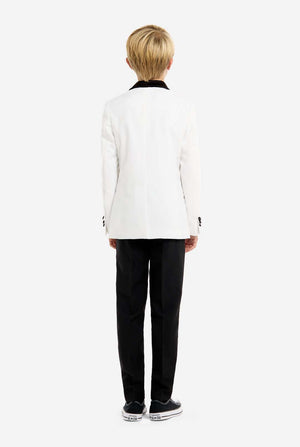 Person wearing a white jacket and black pants on a white background. View from the back.