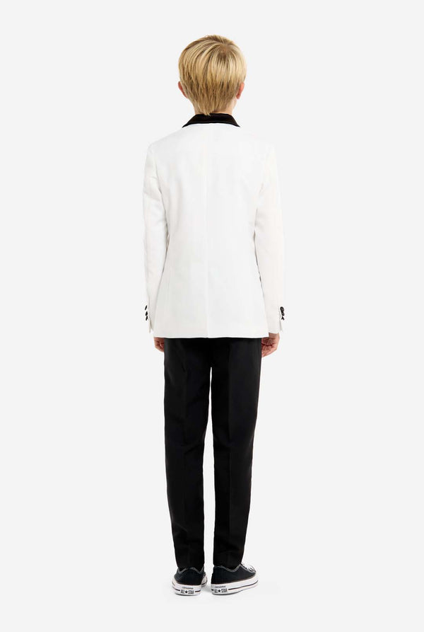 Person wearing a white jacket and black pants on a white background. View from the back.