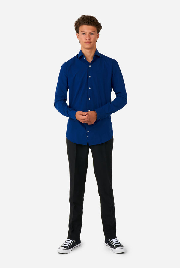 Teen wearing blue dress shirt and black pants