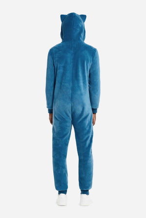 Blue Snorlax onesie with cat ears on a white background