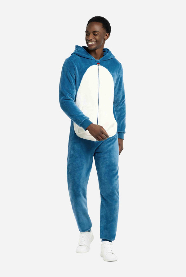 Man wearing a blue and white Snorlax onesie on a white background