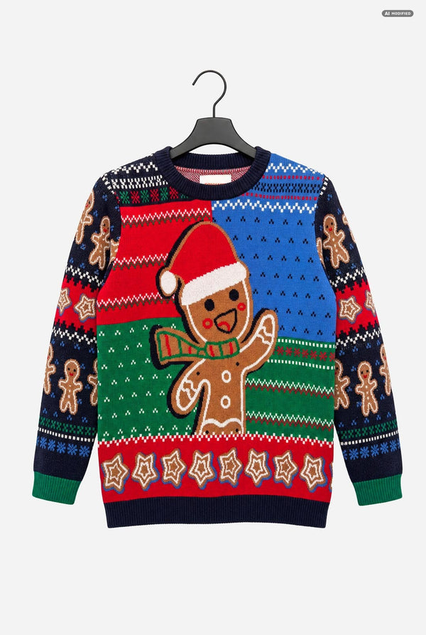 A festive Christmas crewneck sweater featuring a large gingerbread man wearing a Santa hat on the front, with traditional Nordic patterns in red, blue, green, and navy on the sleeves and body, hanging on a black hanger against a light gray background.