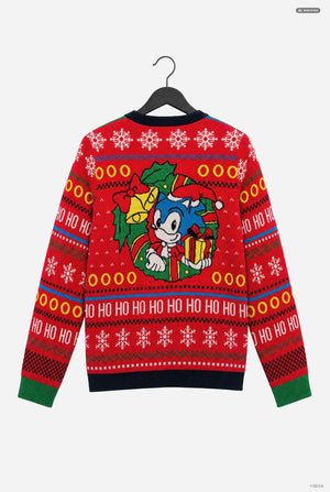 A red Christmas sweater featuring Sonic the Hedgehog on the front, hanging on a black hanger against a light gray background.