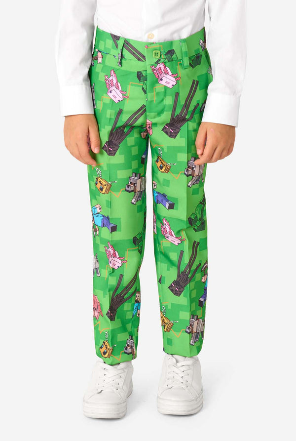 Green pants with Minecraft print worn by a person on a white background