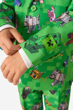 Green children's suit with Minecraft-themed graphics