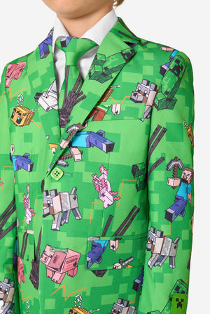Green suit with Minecraft-themed pattern on a white background